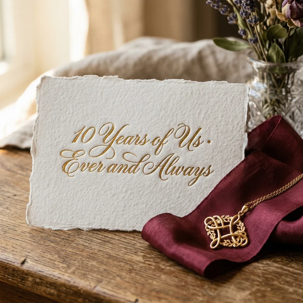 Figure 2: Archival 400 GSM cotton rag cardstock embossed with gold foil anniversary dedication calligraphy.