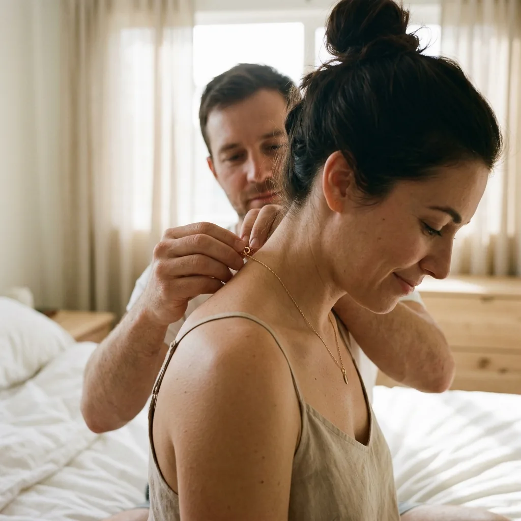Figure 3: An unhurried gesture: fastening the heirloom clasp in soft morning bedroom light.
