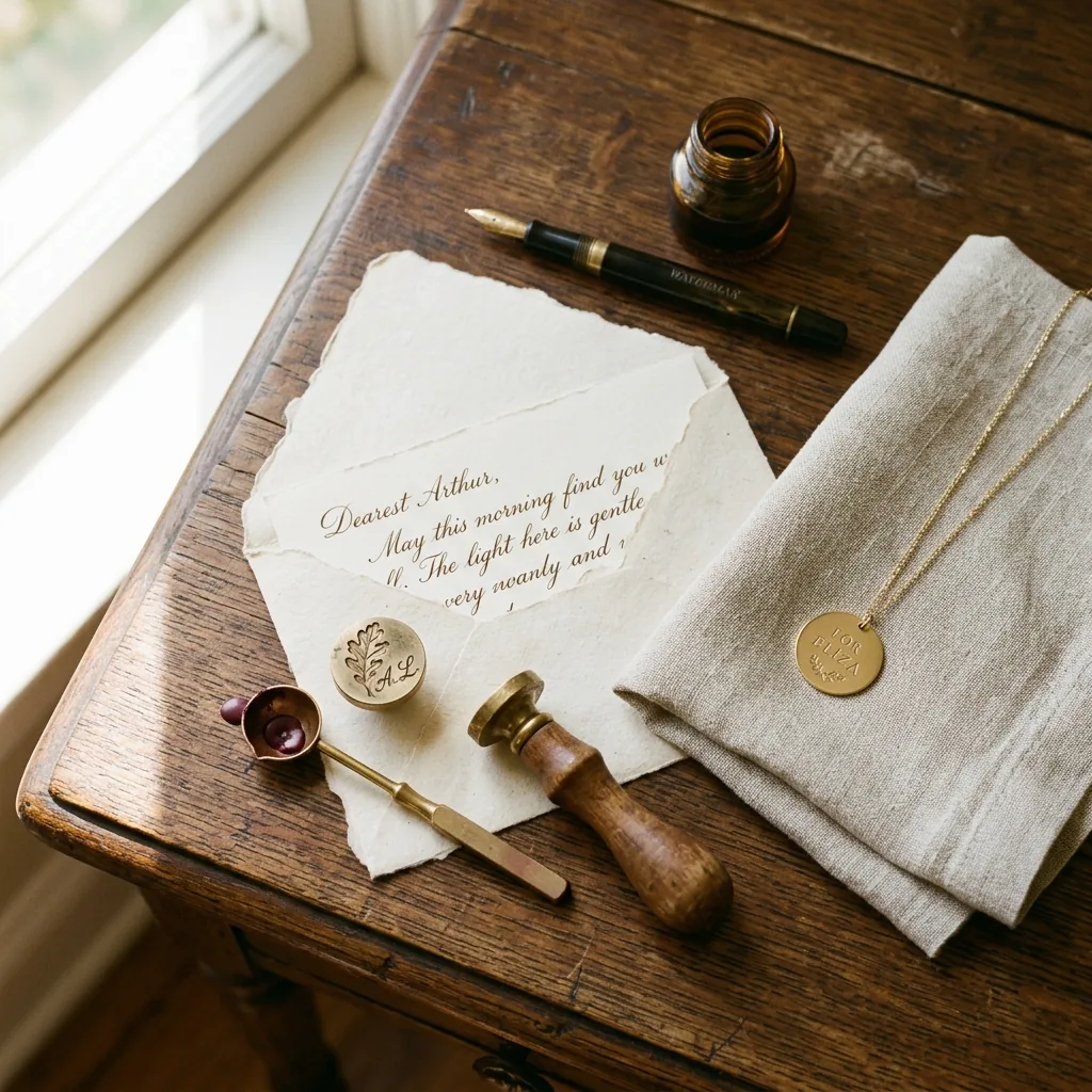 Figure 3: Archival correspondence: deckle-edged love note, brass wax seal, and delicate engraved keepsake.