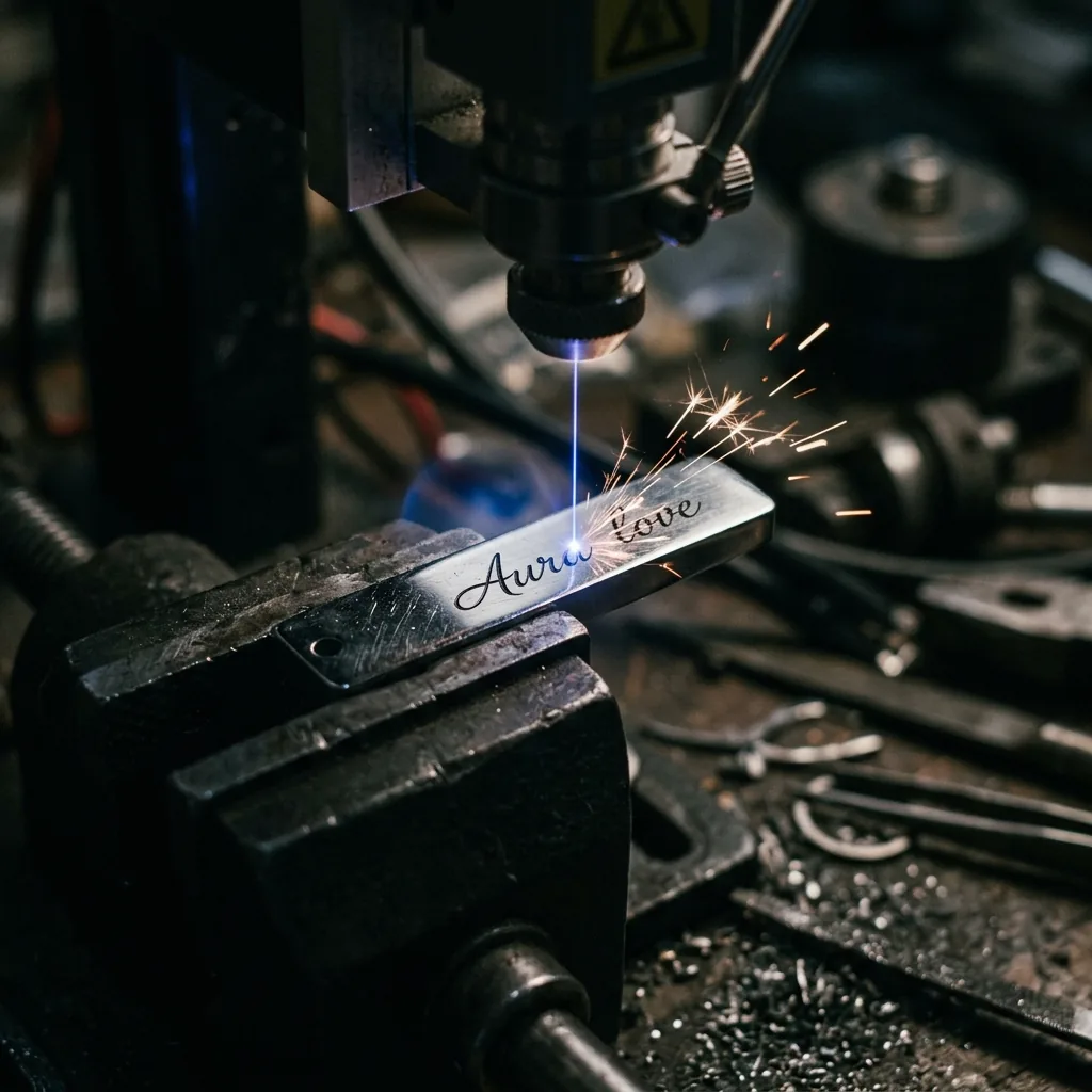Figure 2: Micro-laser engraving precision: atomic vaporization etching authentic cursive handwriting into surgical steel.