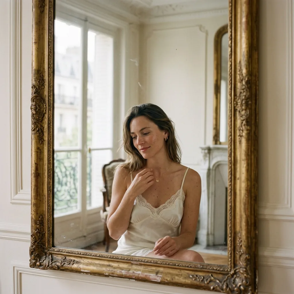 Figure 3: Candid Parisian styling: intimate collarbone drape reflected in an antique gilded mirror.