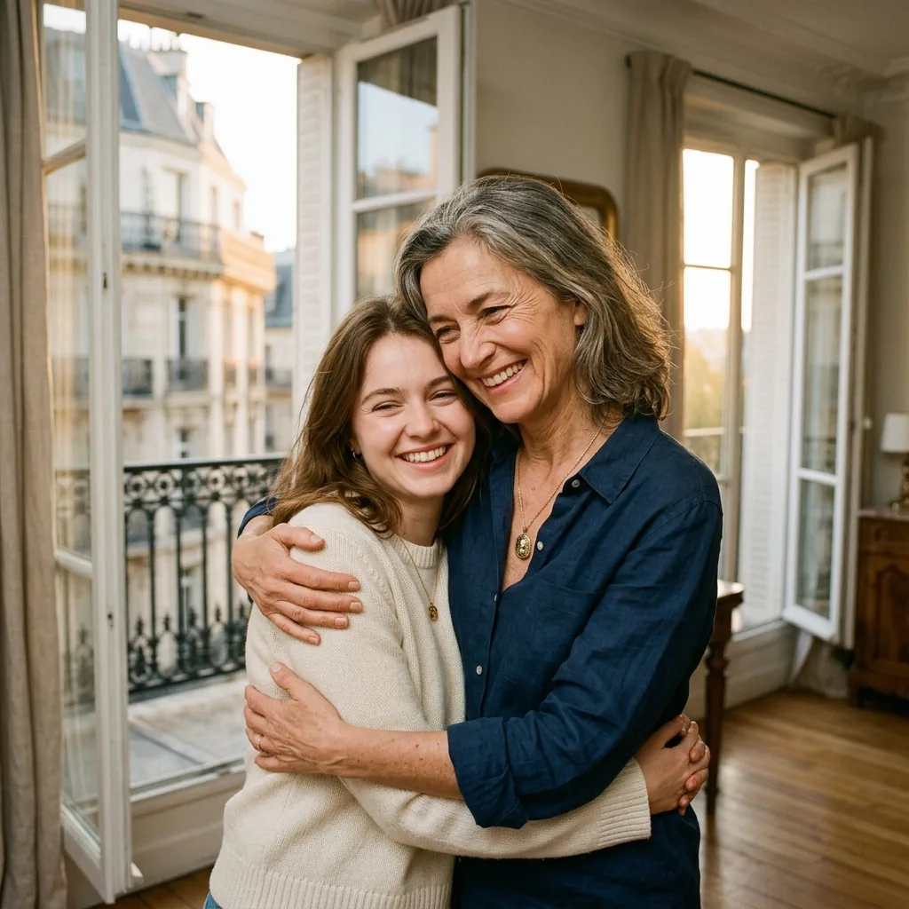 Figure 3: Generational permanence: mother and daughter sharing a warm embrace wearing matching keepsakes.