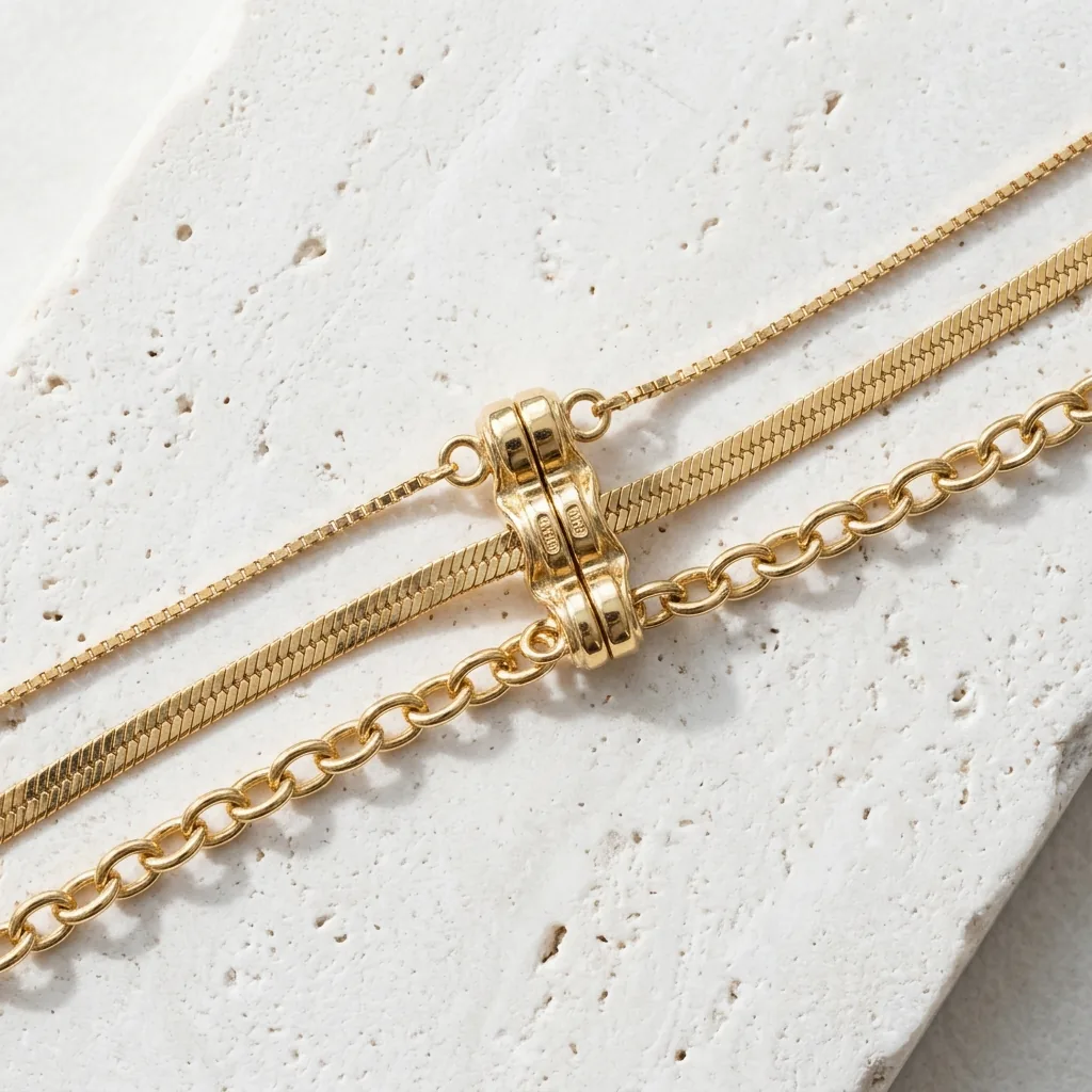 Figure 2: Clasp architecture: multi-strand spacer detangler and contrasting chain link gauges on raw marble.