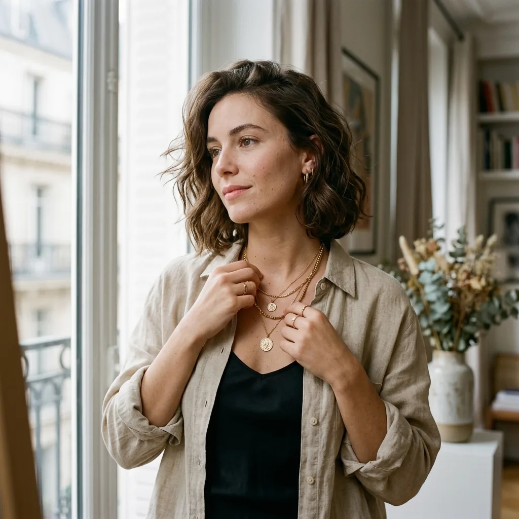 Figure 3: Parisian casual styling: open linen shirt paired with tiered gold chains under natural studio light.