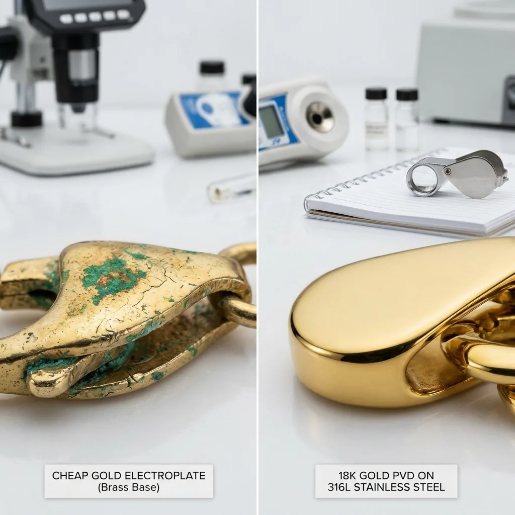 Figure 2: Microscopic surface analysis: flaking oxidized base metal plating versus dense, impermeable 18K PVD.