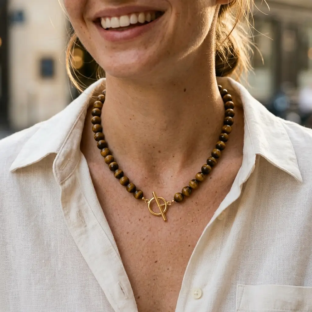 The Archival Boho Tiger Eye Beaded OT Toggle Necklace
